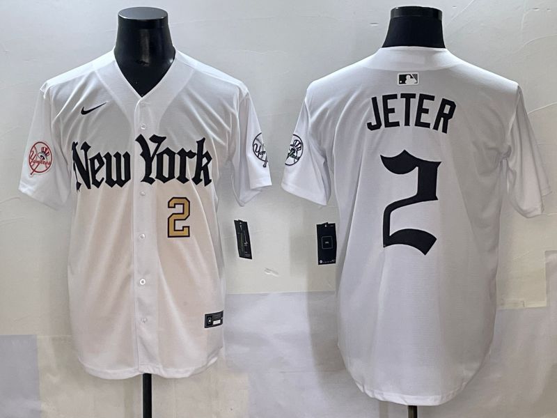 Men 2025 New York Yankees #2 Jeter White Five generations Joint Name Nike MLB Jersey style 8